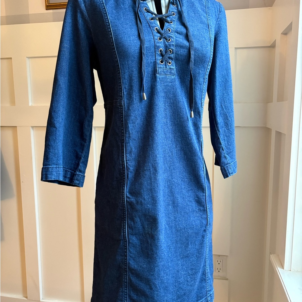 J. Jill Lace-Up Denim Shift Dress - Indigo Blue‎ Small - Picture 3 of 10
